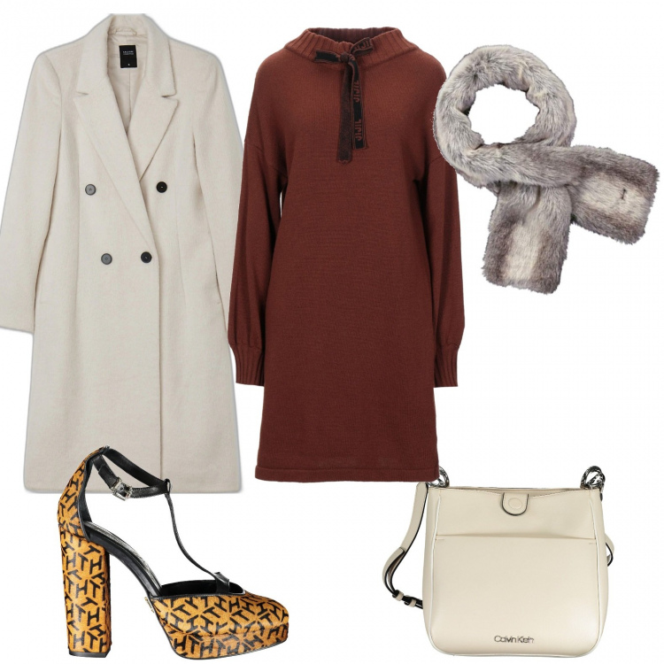 Outfit donna - Panna e cacao. Stile Chic per Ufficio. Abbinamento con cappotti, vestiti corti, borse a tracolla, sciarpe, scarpe col tacco.