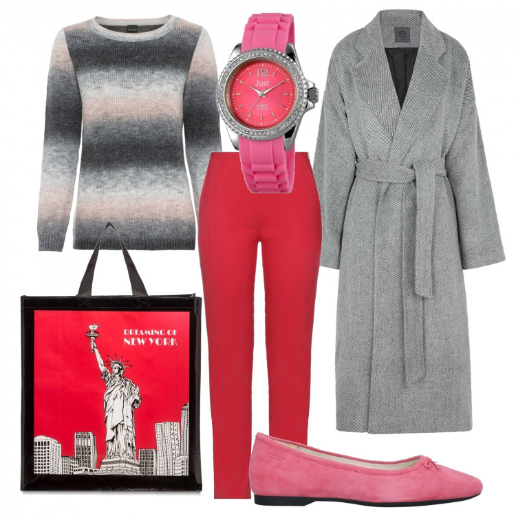 Outfit donna - NY I\'m coming!. Stile Urban per Tutti i giorni. Abbinamento con maglieria, cappotti, pantaloni, ballerine, shopping bag, orologi.