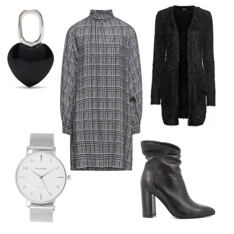 Outfit donna - Professional mood. Stile Casual chic per Ufficio. Abbinamento con cardigans, vestiti corti, orologi, ciondoli, stivaletti.