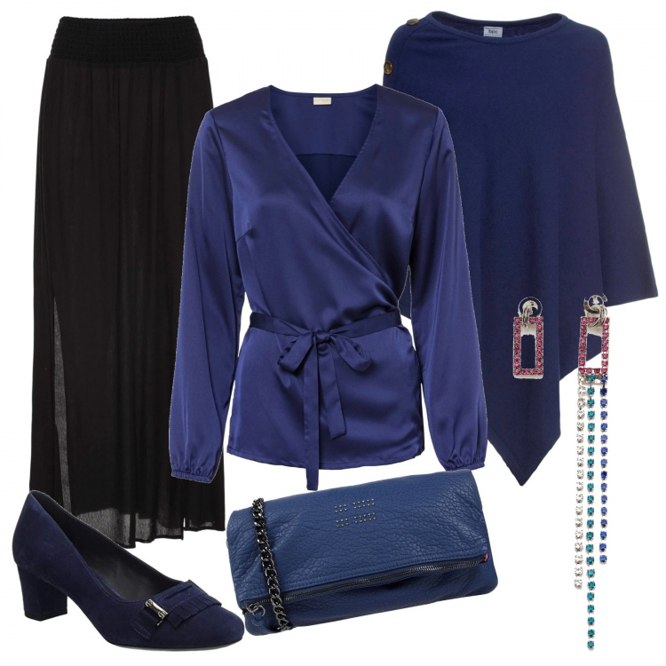 Outfit donna - Curvy comfort look. Stile Chic per Serata fuori. Abbinamento con gonne lunghe, bluse, maglieria, borse a tracolla, orecchini, scarpe col tacco.