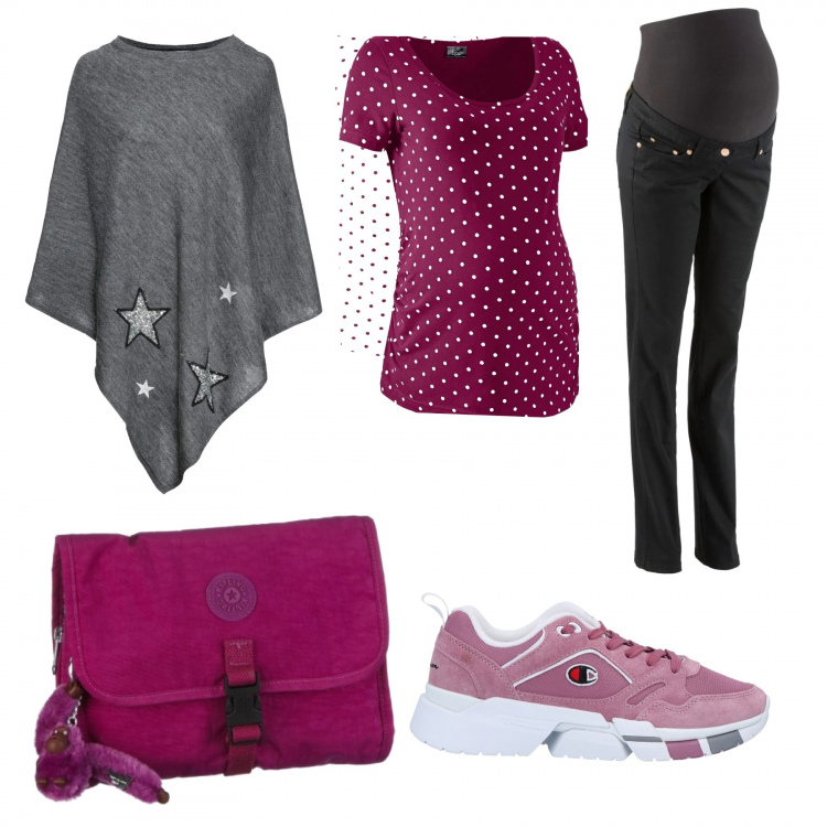 Outfit donna - Premaman Bonprix magenta, grigio e nero. Stile Urban per Tutti i giorni. look ideale per Premaman. Abbinamento con maglieria, pantaloni, cappotti, sneakers, borse a spalla.