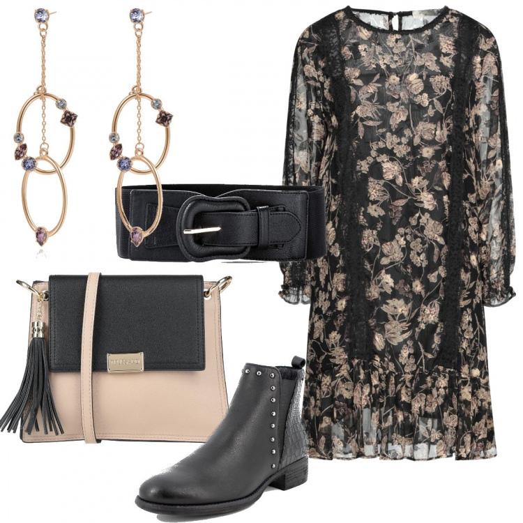 Outfit donna - Trendy #43318. Stile Trendy per Ufficio. Abbinamento con cinture, vestiti corti, borse a tracolla, stivaletti, orecchini.