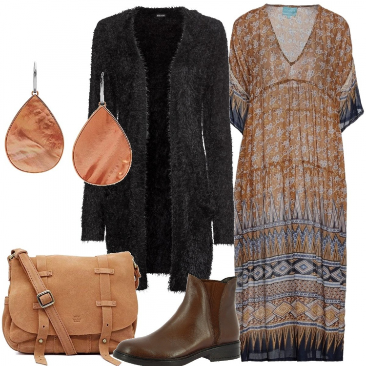 Outfit donna - Boho #1983. Stile Boho per Tutti i giorni. Abbinamento con cardigans, vestiti midi/longuette, stivaletti, borse a tracolla, orecchini.