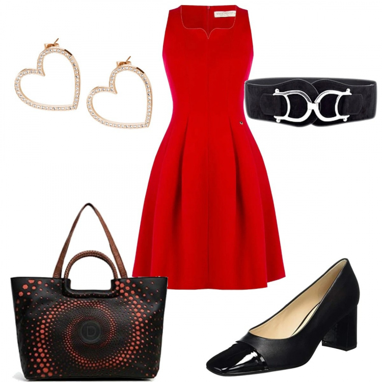 Outfit donna - Il vestito rosso. Stile Glamour per Tutti i giorni. Abbinamento con cinture, vestiti senza maniche, orecchini, borse a mano, décolleté.