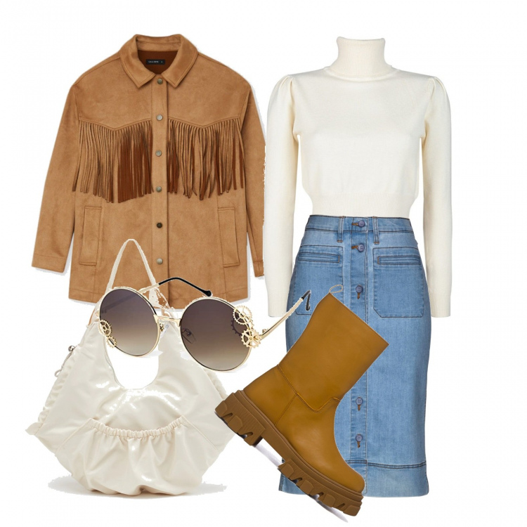 Outfit donna - American style. Stile Casual per Tutti i giorni. Abbinamento con gonne, maglieria, cappotti, shopping bag, anfibi, occhiali da sole.