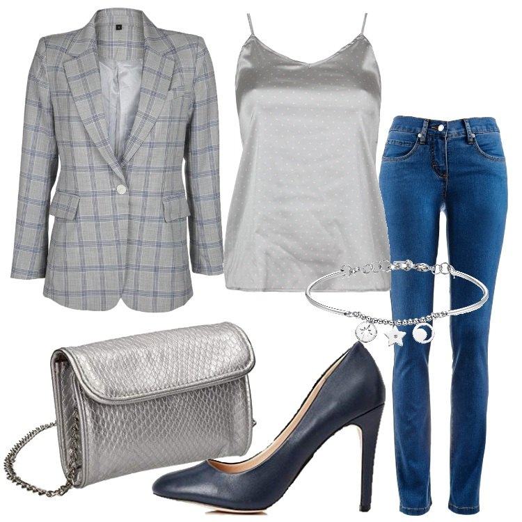 Outfit donna - Jeans e décolleté. Stile Trendy per Serata fuori. Abbinamento con jeans dritti, blazer, top, braccialetti, pochette, scarpe col tacco.
