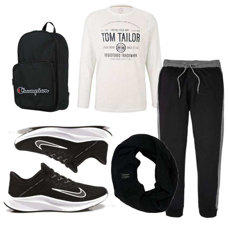 Outfit hombre - Casual Sport. Estilo Casual para Todos los días. Combinación con bufandas, camiseta, pantalones, bolsos deportivos, sneakers.