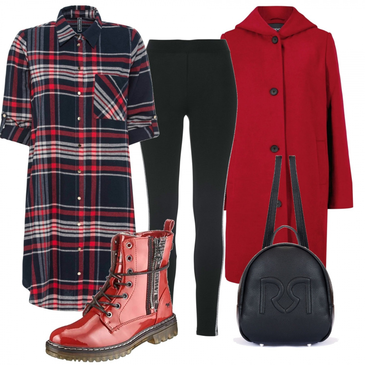 Outfit donna - Curvy in passeggiata. Stile Urban per Tutti i giorni. Abbinamento con vestiti chemisier, cappotti, leggings, zaini, stivaletti.