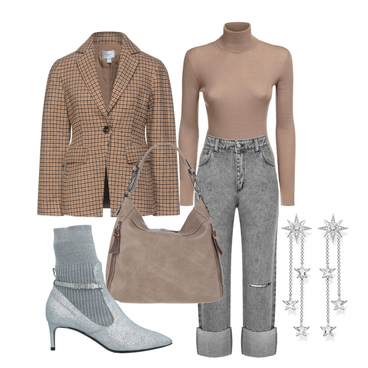 Outfit donna - Risvoltoni sui jeans. Stile Casual chic per Tutti i giorni. Abbinamento con stivaletti, blazer, borse a mano, jeans dritti, maglieria, orecchini.