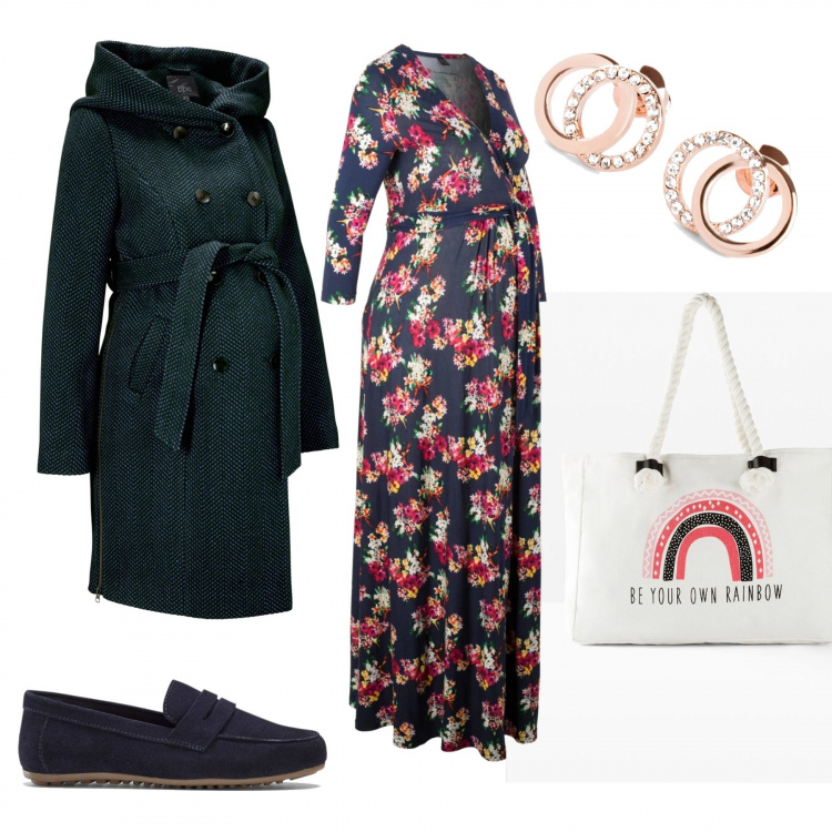 Outfit donna - Fiori premaman Bonprix. Stile Boho per Tutti i giorni. look ideale per Premaman. Abbinamento con mocassini, cappotti, vestiti, shopping bag, orecchini.