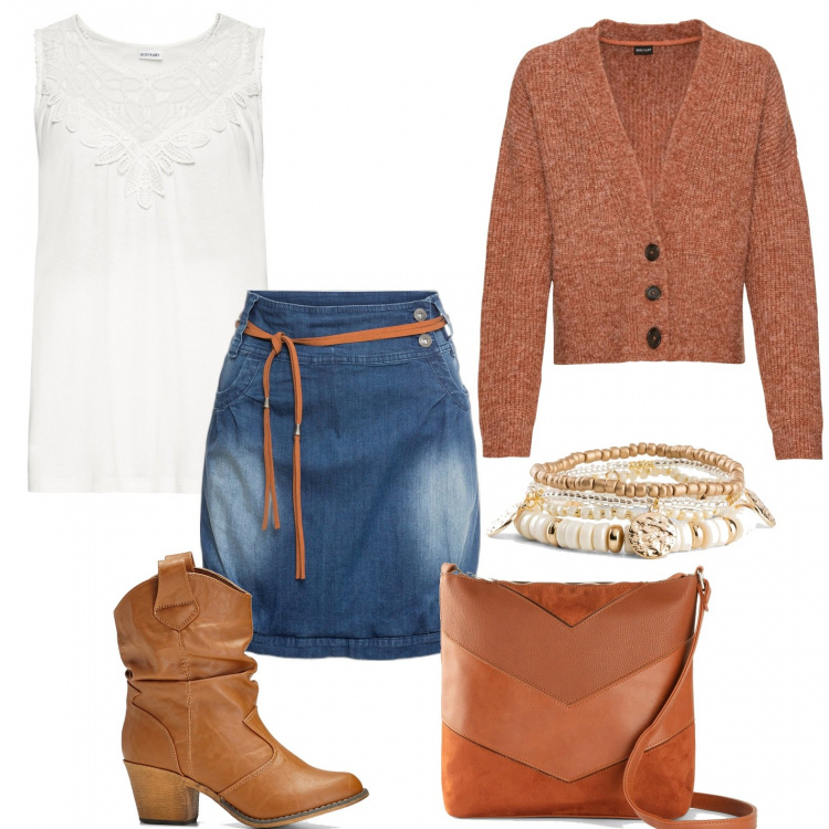 Outfit donna - La gonna in jeans. Stile Trendy per Scuola/Università. Abbinamento con minigonne, stivaletti texani, cardigans, borse a tracolla, top, braccialetti.