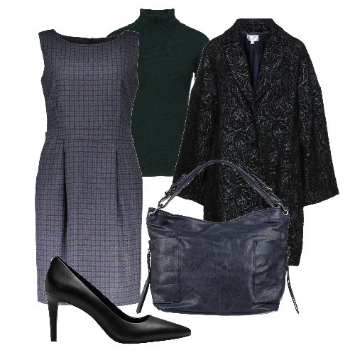 Outfit donna - Perfetto blu e nero. Stile Bon Ton per Tutti i giorni. Abbinamento con décolleté, cappotti, borse a mano, maglieria, vestiti corti.