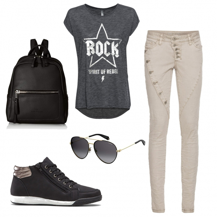 Outfit donna - Rock style. Stile Rock per Scuola/Università. Abbinamento con sneakers alte, pantaloni, t-shirt, zaini, occhiali da sole.