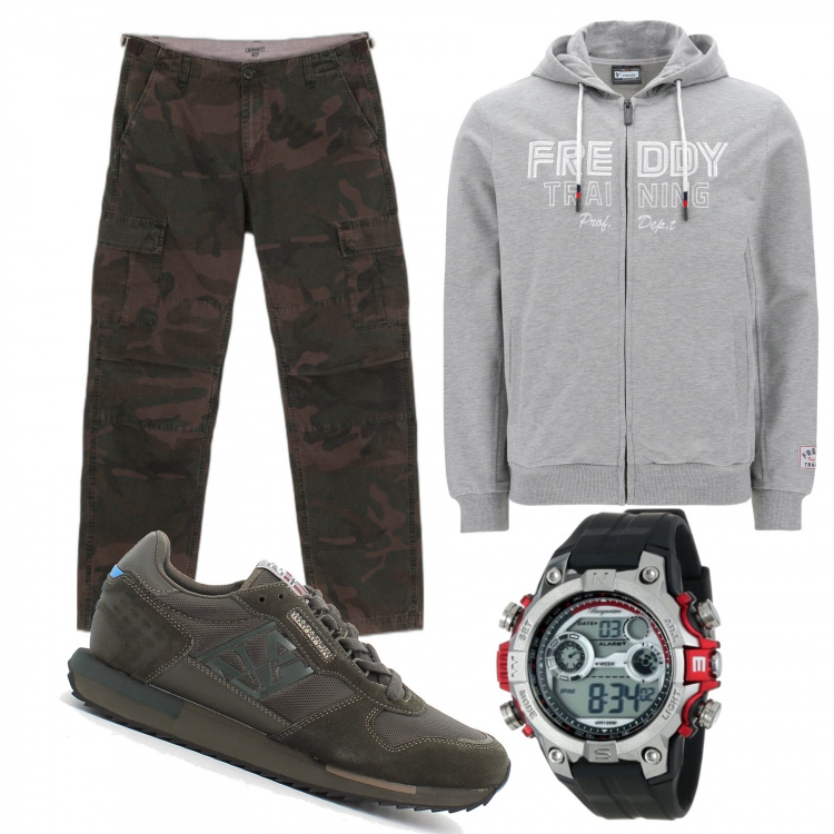 Outfit uomo - Total look #1181516. Stile Urban per Tutti i giorni. Abbinamento con sneakers, felpe con cappuccio, orologi, pantaloni cargo.