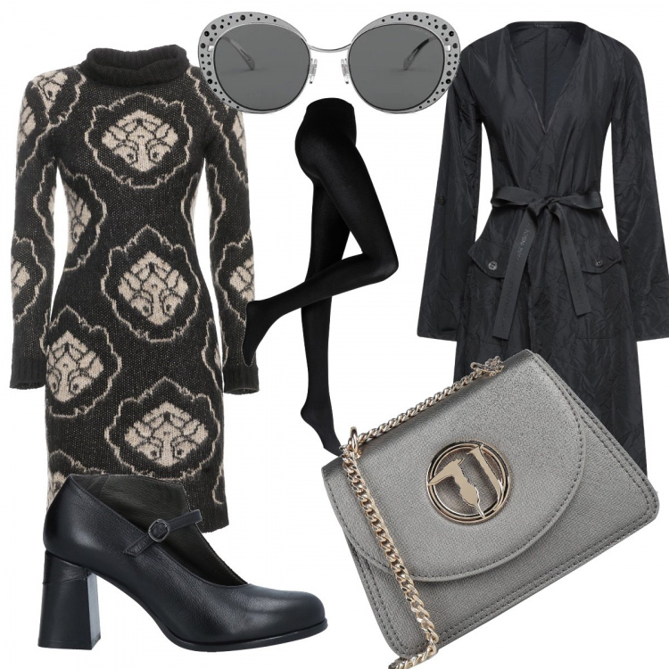 Outfit donna - Il vestito invernale. Stile Basic per Tutti i giorni. Abbinamento con collant, décolleté, cappotti, borse a tracolla, vestiti, occhiali da sole.