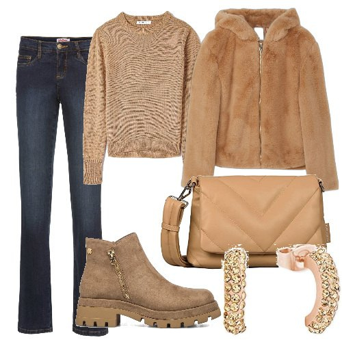 Outfit donna - Indispensabili jeans. Stile Urban per Tutti i giorni. Abbinamento con jeans bootcut, maglieria, cappotti, stivaletti, borse a spalla, orecchini.