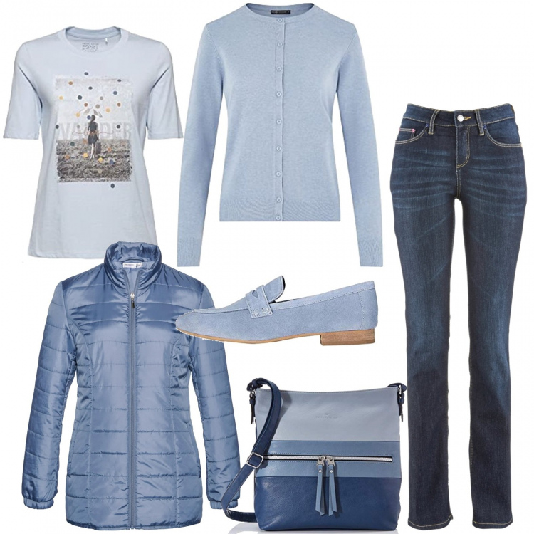 Outfit donna - A strati. Stile Bon Ton per Ufficio. Abbinamento con jeans dritti, giacche, cardigans, mocassini, t-shirt, borse a tracolla.