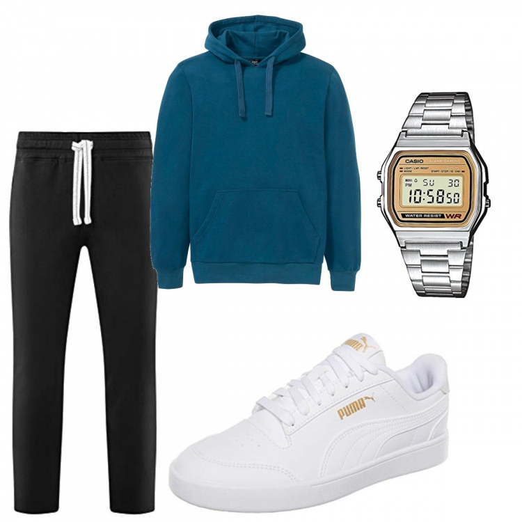 Outfit uomo - Le sneakers Puma. Stile Trendy per Sport. Abbinamento con felpe con cappuccio, pantaloni, sneakers, orologi digitali.