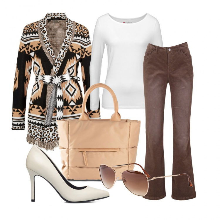 Outfit donna - In centro con Camilla. Stile Glamour per Tutti i giorni. Abbinamento con t-shirt sportive, occhiali da sole, cardigans, pantaloni, borse a mano, décolleté.