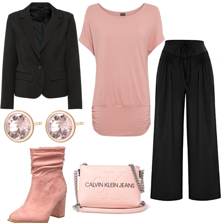 Outfit donna - Lo stivaletto rosa. Stile Bon Ton per Serata fuori. Abbinamento con maglieria, ecopellicce, borse a mano, orecchini, pantaloni, stivaletti.