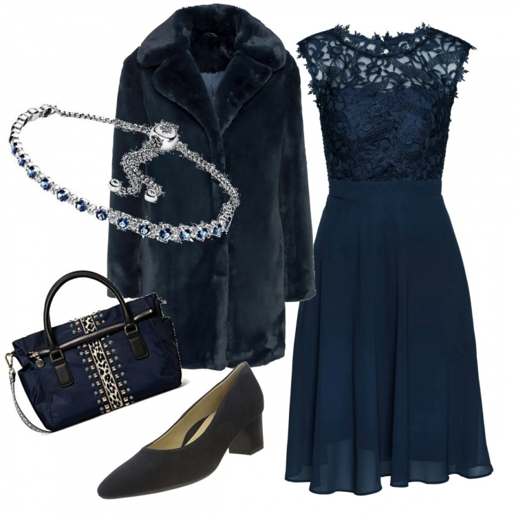 Outfit donna - Blu di sera. Stile Glamour per Serata fuori. Abbinamento con vestiti corti, ecopellicce, borse a mano, braccialetti, décolleté.