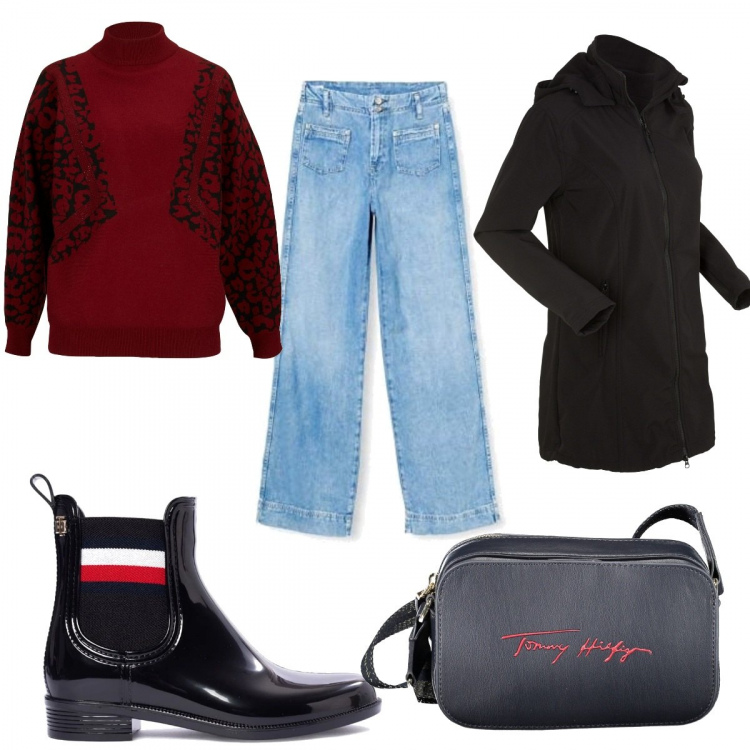 Outfit donna - Stivaletti e borsa TOMMY HILFIGER. Stile Trendy per Tutti i giorni. Abbinamento con parka, maglieria, stivaletti, jeans dritti, borse a tracolla.