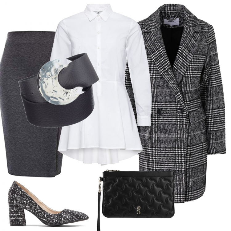 Outfit donna - Un tè con le amiche. Stile Bon Ton per Tutti i giorni. Abbinamento con camicie, décolleté, cappotti, borse a mano, gonne, cinture.