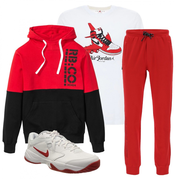 Outfit uomo - Urban #11635. Stile Urban per Sport. Abbinamento con felpe con cappuccio, pantaloni, sneakers, t-shirt.
