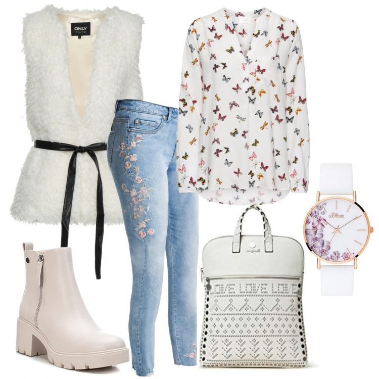 Outfit donna - Romantica in bianco. Stile Romantica per Tutti i giorni. Abbinamento con bluse, jeans, cappotti, stivaletti, zaini, orologi analogici.