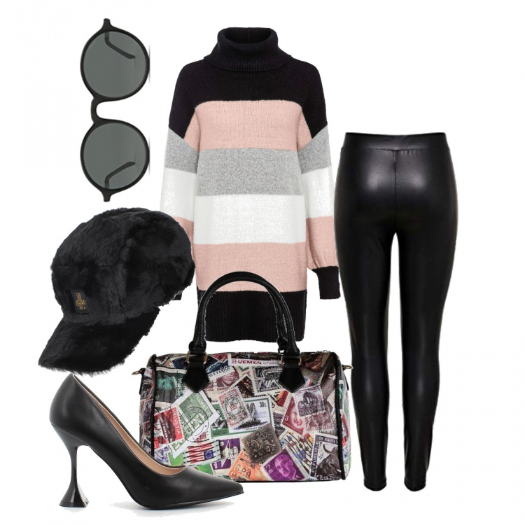Outfit donna - Sbarazzina con stile. Stile Glamour per Tutti i giorni. Abbinamento con maglieria, cappelli, borse a mano, sandali, leggings, occhiali da sole.