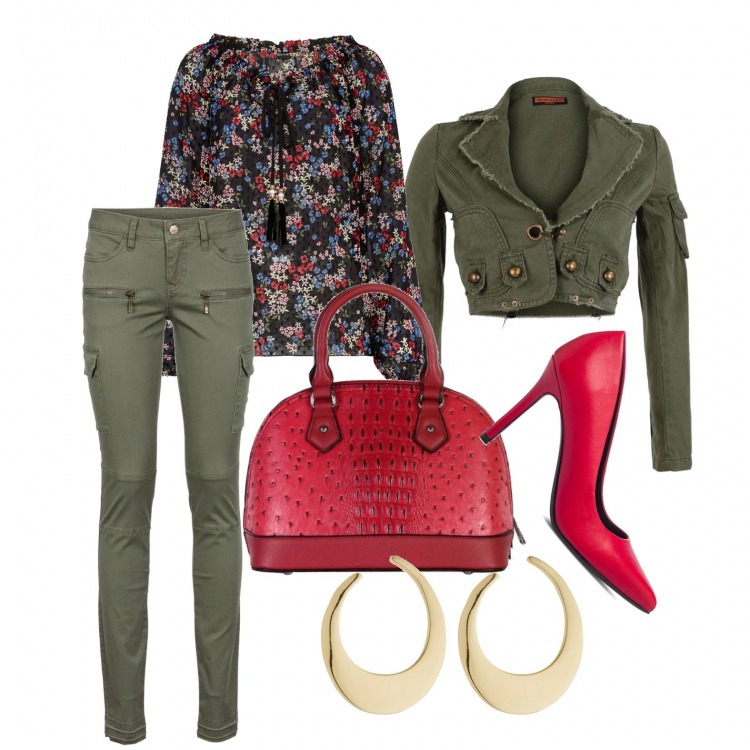 Outfit donna - Accessori rossi. Stile Glamour per Tutti i giorni. Abbinamento con pantaloni cargo, bluse, blazer, borse a mano, décolleté, orecchini.