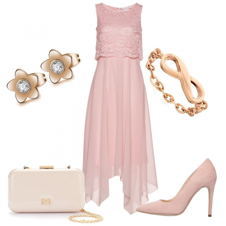 Outfit donna - Ottobre in rosa. Stile Chic per Cerimonia. look ideale per Petite. Abbinamento con vestiti midi/longuette, décolleté, clutch, orecchini, anelli.