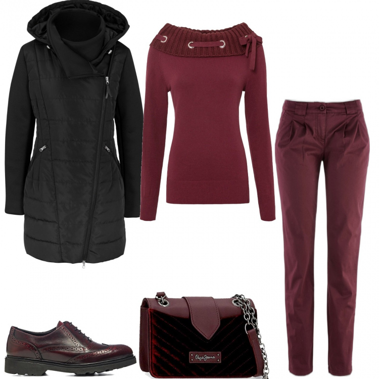 Outfit donna - Stasera cinema. Stile Trendy per Serata fuori. Abbinamento con maglieria, blazer, pantaloni chino, scarpe stringate, borse a spalla.