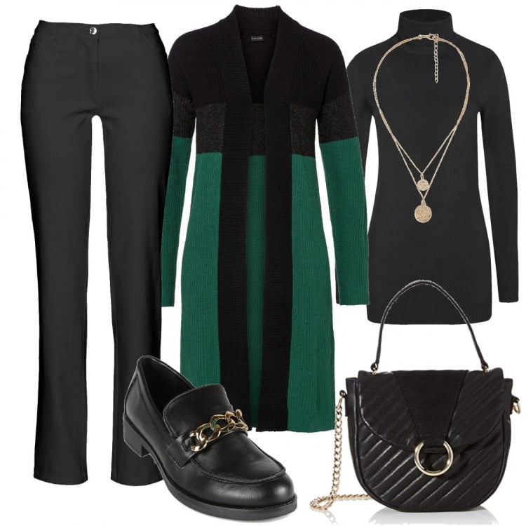 Outfit donna - Il cardigan bicolore. Stile Basic per Tutti i giorni. Abbinamento con pantaloni, cardigans, maglieria, collane, mocassini, borse a tracolla.