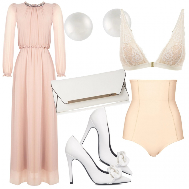 Outfit donna - Romanticamente in rosa. Stile Romantica per Cerimonia. Abbinamento con culotte, vestiti lunghi, orecchini, décolleté, reggiseni, pochette.