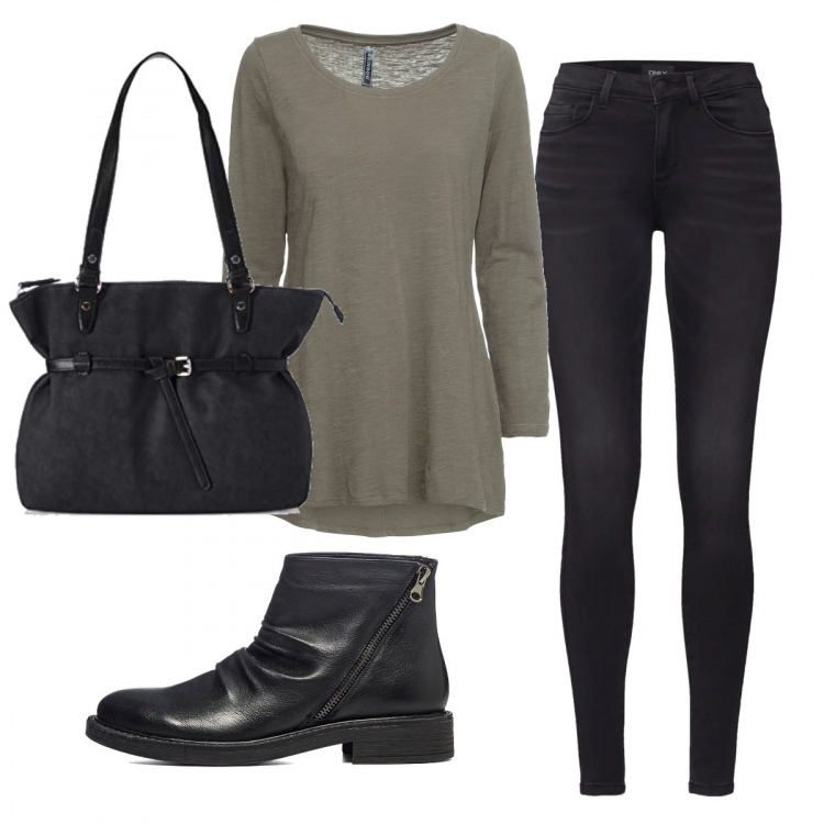 Outfit donna - Basic #32448. Stile Basic per Tutti i giorni. Abbinamento con maglieria, stivaletti, jeans skinny, shopping bag.