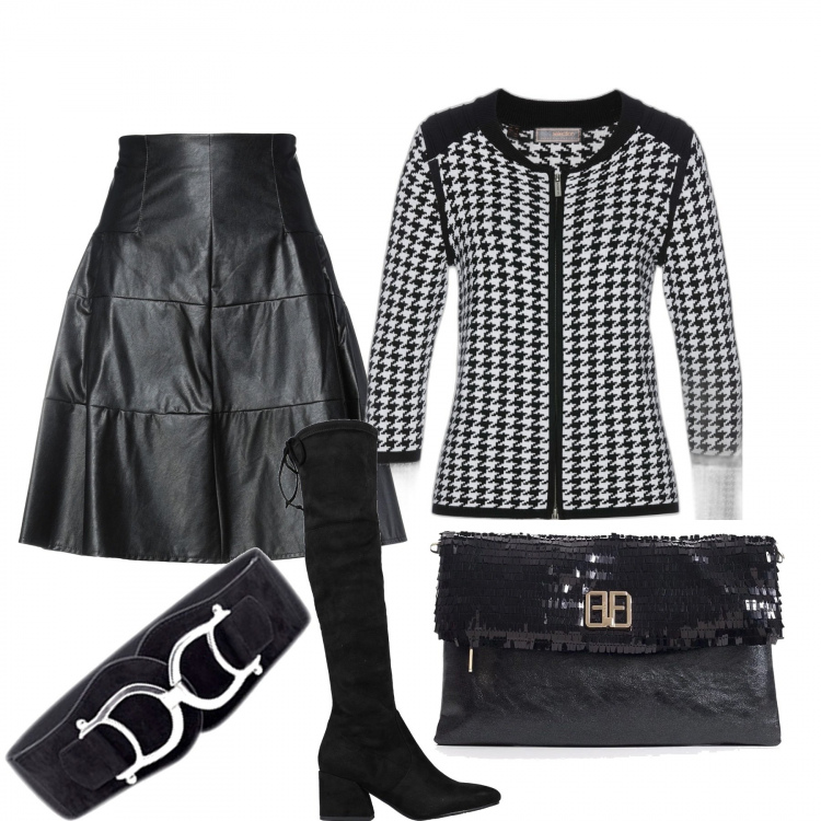 Outfit donna - Bianco e nero top. Stile Casual chic per Ufficio. Abbinamento con cinture, cardigans, minigonne, stivali, clutch.