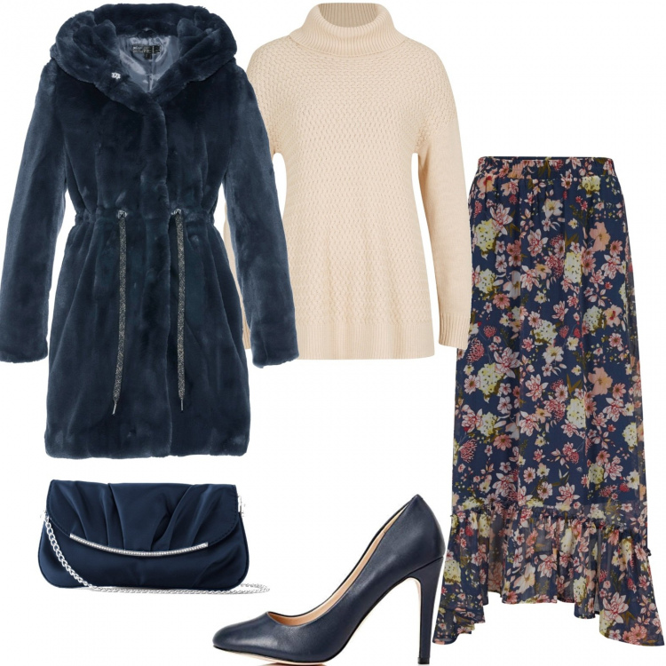 Outfit donna - Ognissanti. Stile Chic per Serata fuori. Abbinamento con pochette, ecopellicce, gonne, maglieria, scarpe col tacco.