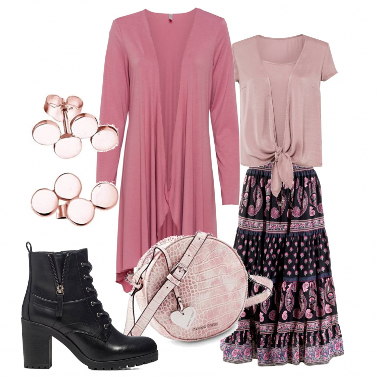 Outfit donna - Etnico con la gonna lunga. Stile Etnico per Tutti i giorni. look ideale per Tall. Abbinamento con gonne lunghe, cardigans, bluse, stivaletti, borse a mano, orecchini.