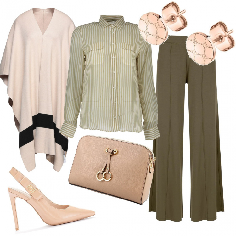 Outfit donna - Rosa e verde. Stile Casual chic per Tutti i giorni. Abbinamento con borse a tracolla, pantaloni, décolleté, cappe, camicie, orecchini.