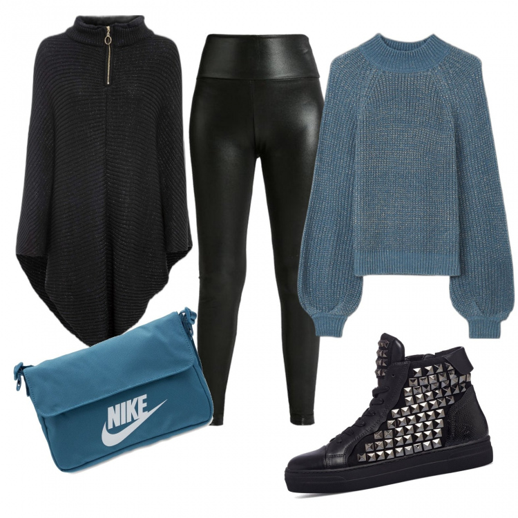 Outfit donna - Confort zone. Stile Basic per Scuola/Università. Abbinamento con leggings, pullovers, sneakers alte, cappotti, borse a tracolla.