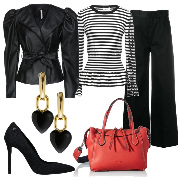 Outfit donna - Le righe sul colore. Stile Casual chic per Tutti i giorni. Abbinamento con pantaloni, blazer, pullovers, décolleté, orecchini, shopping bag.