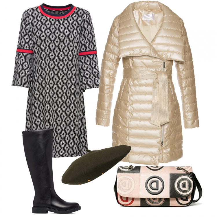 Outfit donna - Il piumino cappotto. Stile Basic per Ufficio. Abbinamento con vestiti, cappotti, stivali, borse a tracolla, cappelli.