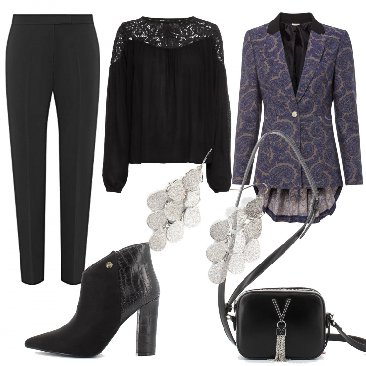 Outfit donna - Tailleur in tutti i modi. Stile Casual chic per Serata fuori. Abbinamento con tuniche, maglione, orecchini, borse a tracolla, stivaletti, pantaloni.