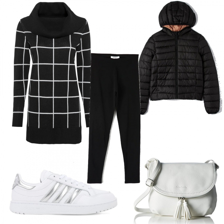 Outfit donna - Bianco e nero sporty- chic. Stile Sporty chic per Tutti i giorni. Abbinamento con maglieria, leggings, piumini, sneakers, borse a tracolla.