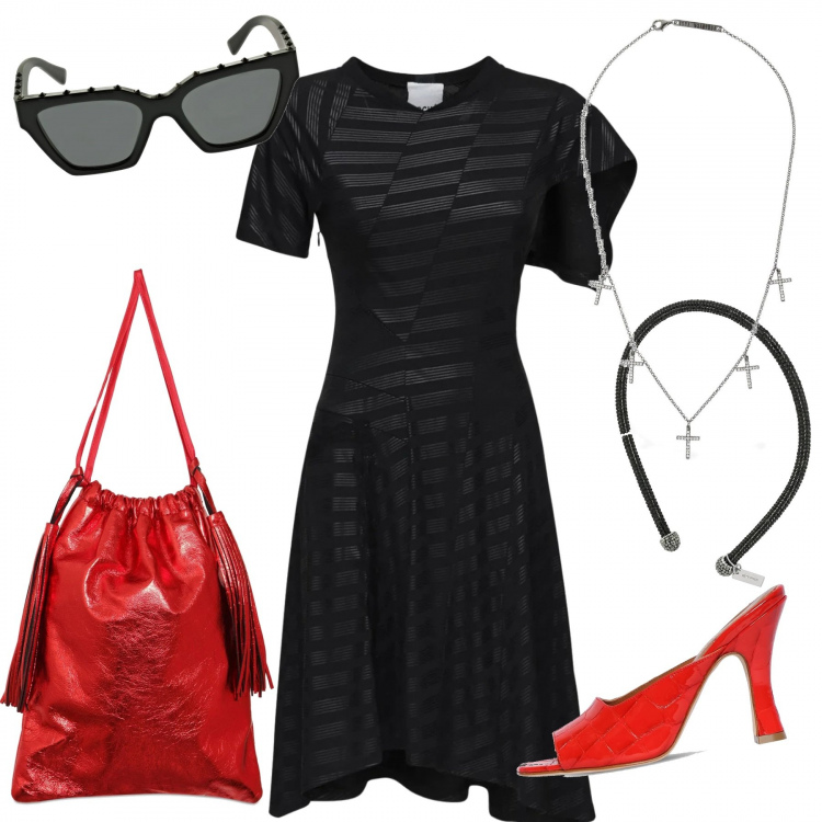 Outfit donna - Fashion Halloween. Stile Rock per Serata fuori. Abbinamento con vestiti asimmetrici, cerchietti, sandali in pelle, pochette, collane, occhiali da sole.