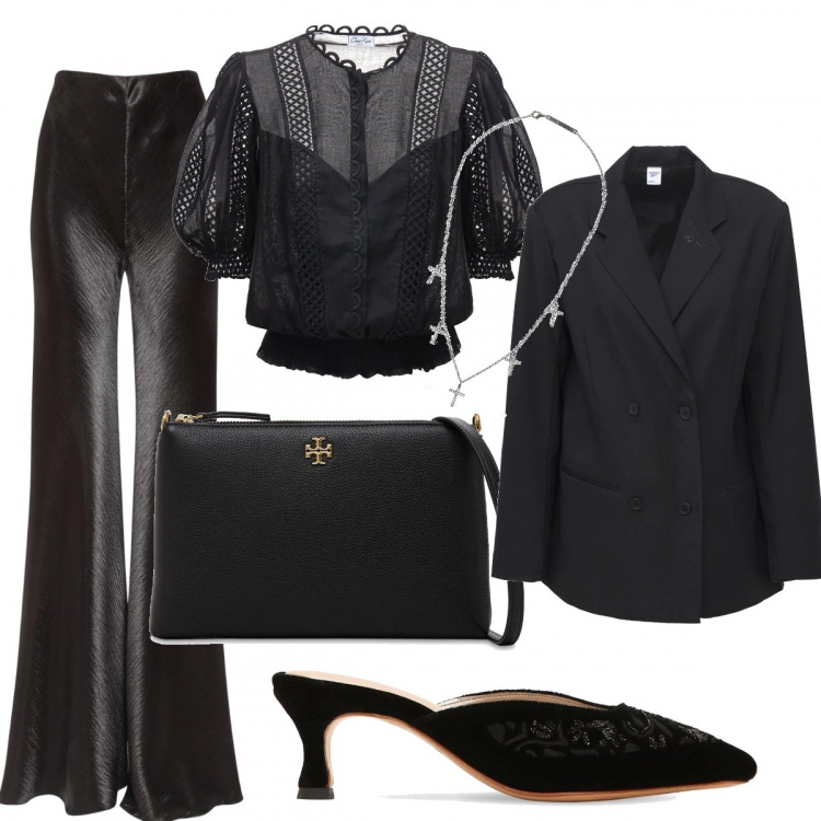Outfit donna - Gotico Chic. Stile Chic Abbinamento con pantaloni, blazer, collane, borse a spalla, camicie, sabot.