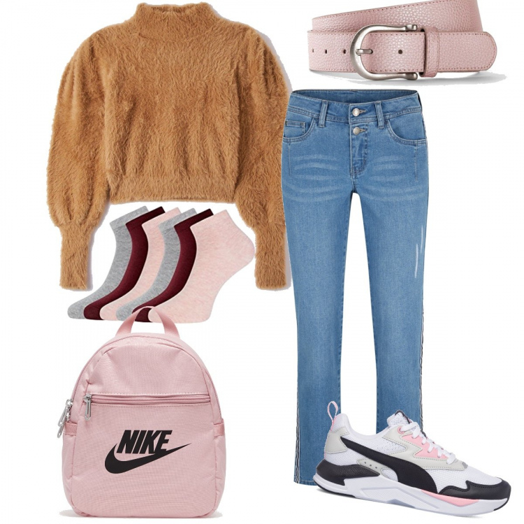 Outfit donna - Un pizzico di rosa. Stile Casual per Scuola/Università. Abbinamento con jeans dritti, cinture, maglieria, sneakers, calzini, zaini.