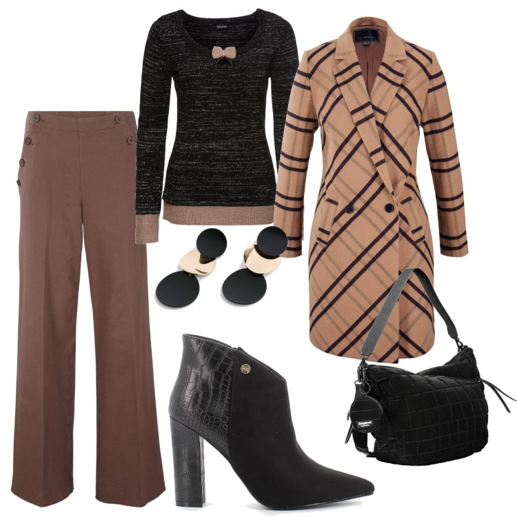Outfit donna - Stilosa. Stile Trendy per Tutti i giorni. Abbinamento con maglieria, pantaloni, cappotti, orecchini, stivaletti, borse a tracolla.