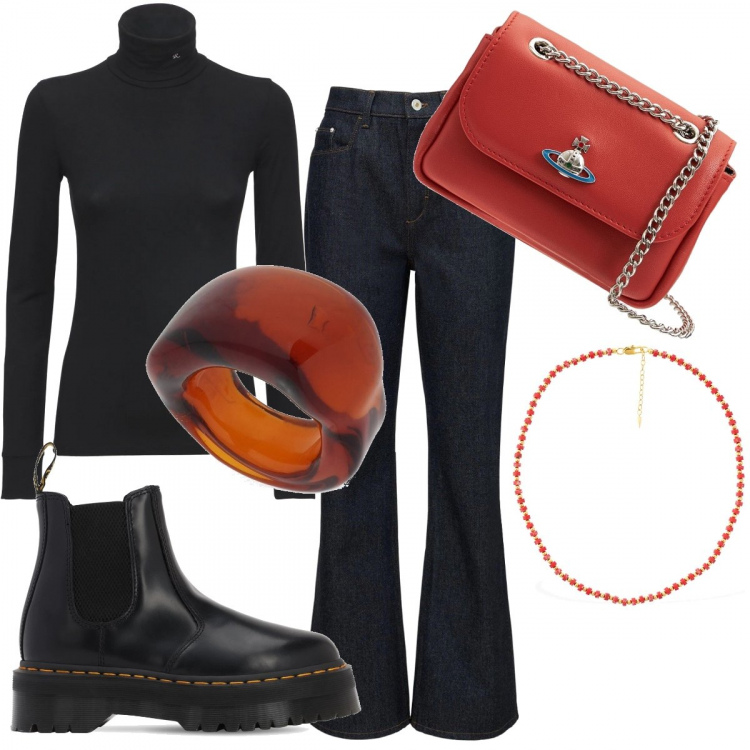 Outfit donna - Arancio e nero per notte Halloween. Stile Casual per Serata fuori. Abbinamento con jeans, stivali, collane, anelli, maglieria, borse a spalla.